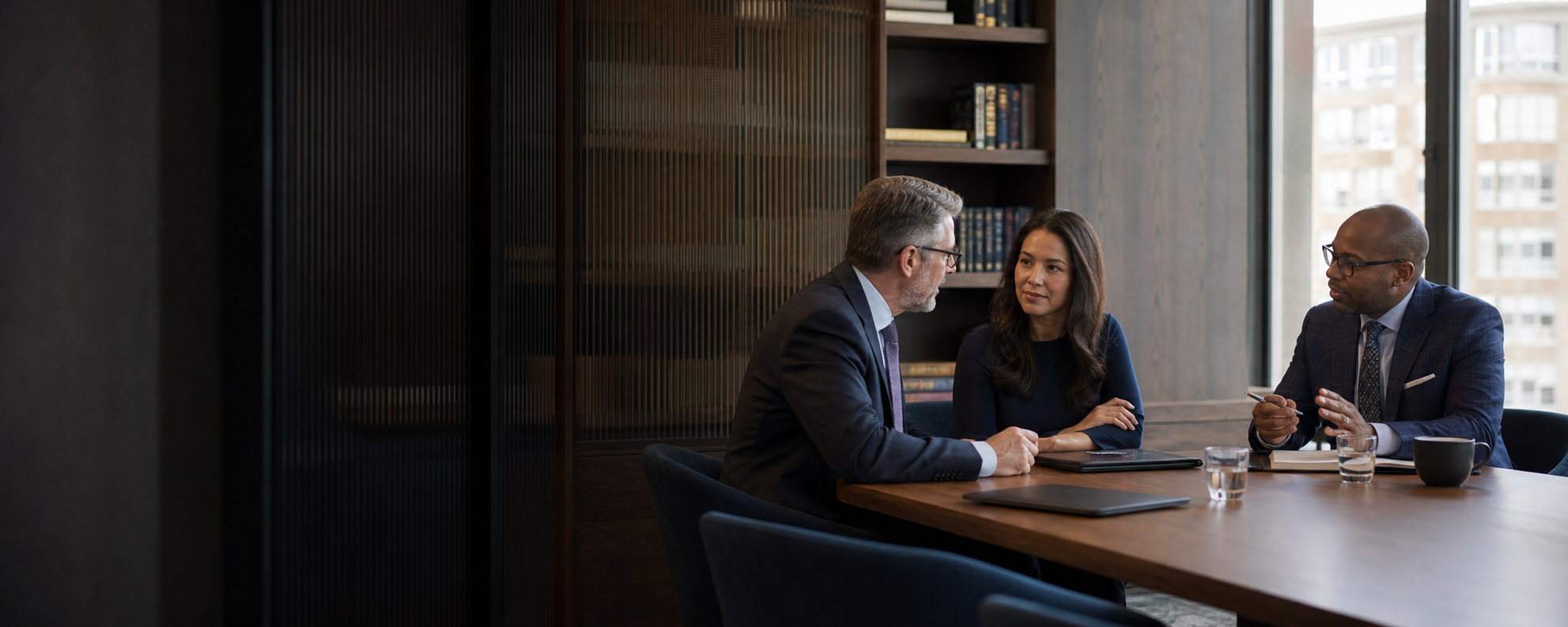 Fictional business attorneys collaborating in a modern conference room