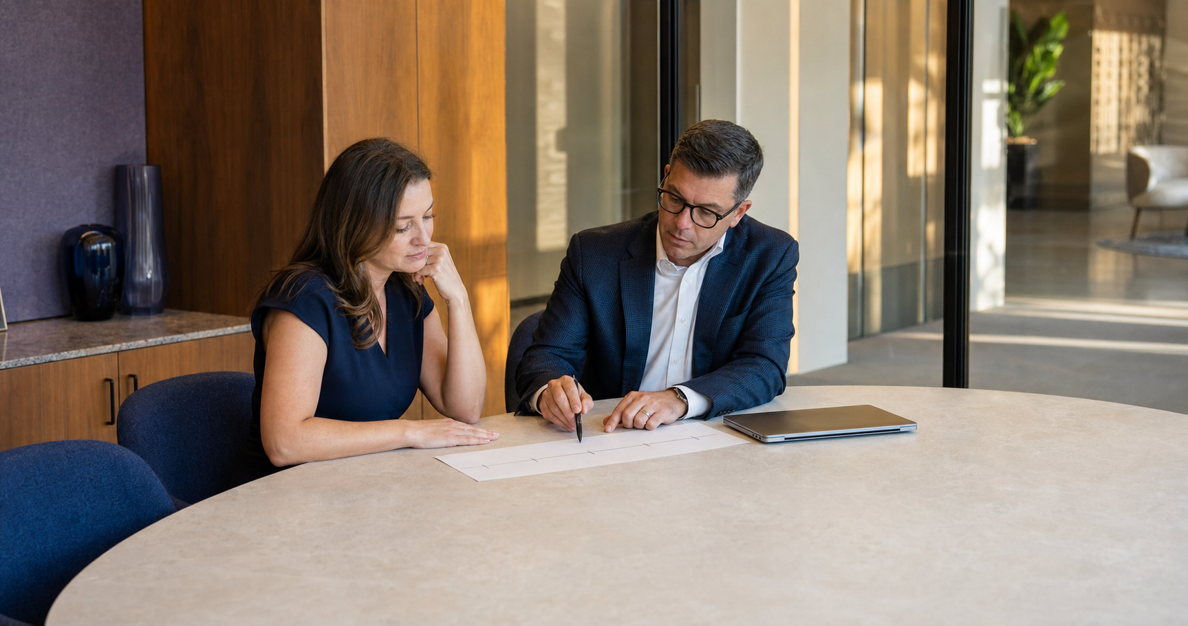 Fictional counsel and a business owner preparing a non-confidential matter timeline